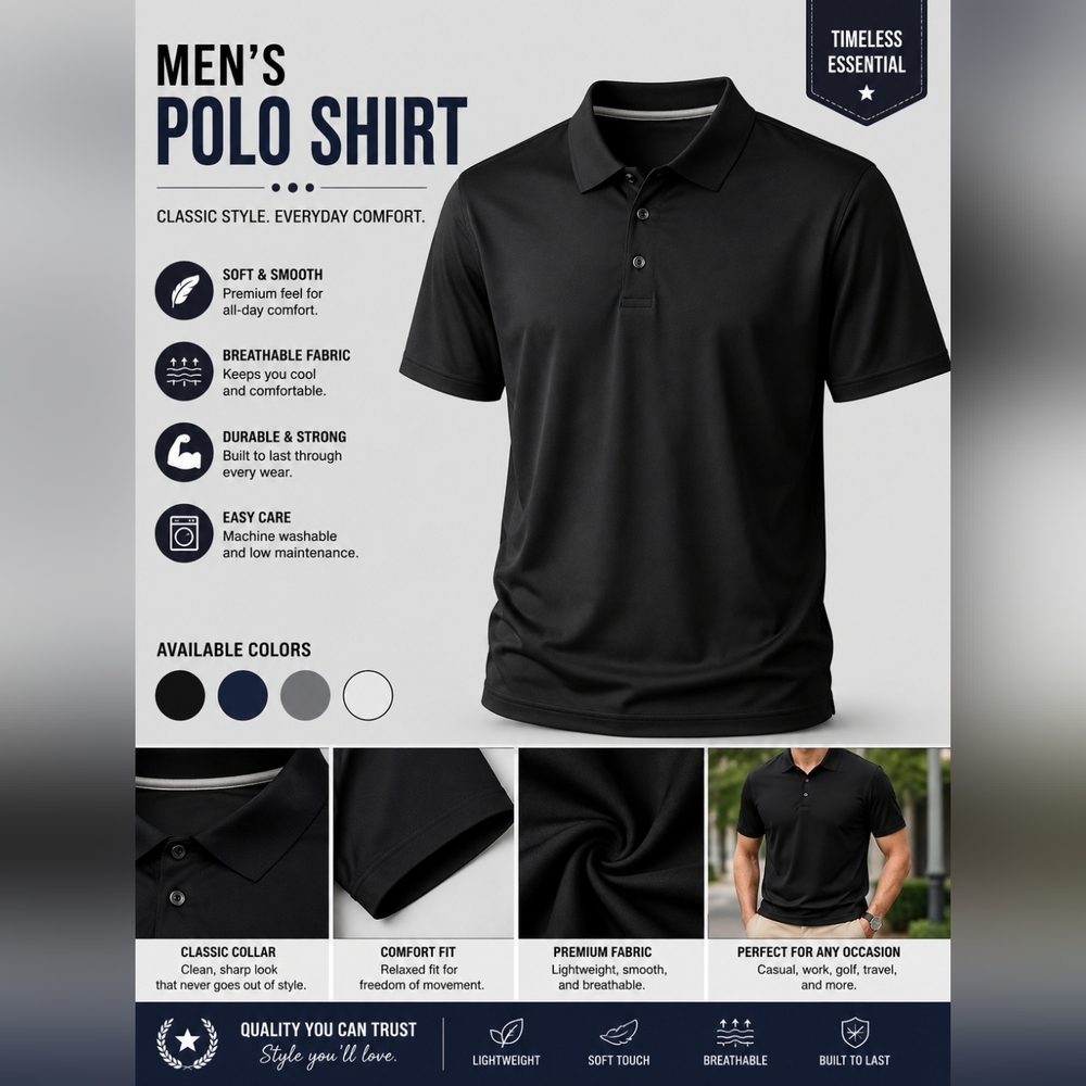 Classic Men Polo Shirt Performance Wear Black Short Sleeve Casual Polo Shirt
